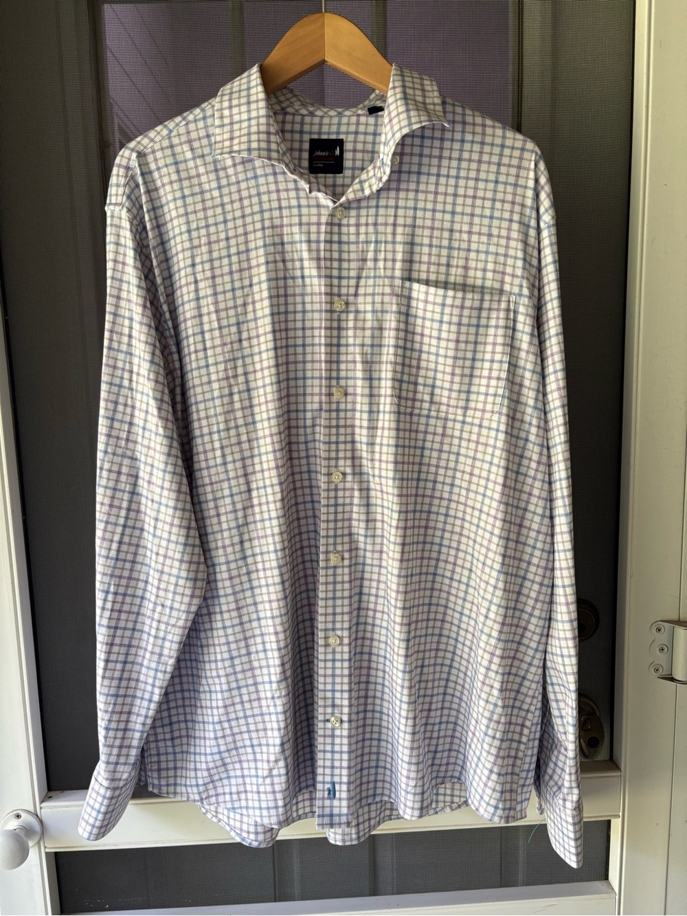 johnnie-O Men's White Button-Down Shirt with Blue and Lavender Windowpane